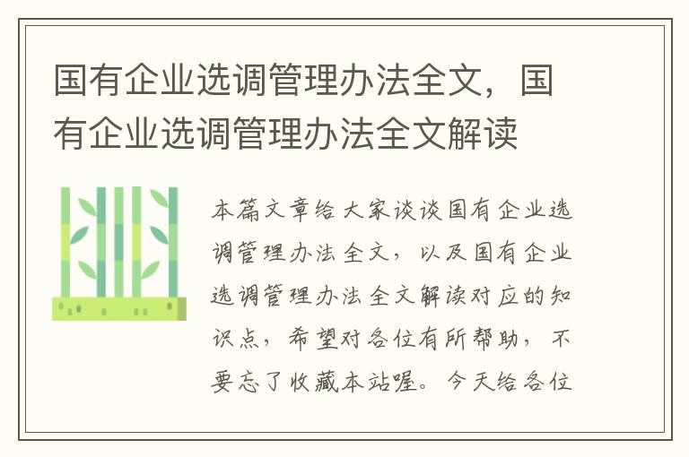 国有企业选调管理办法全文,国有企业选调管理办法全文解读